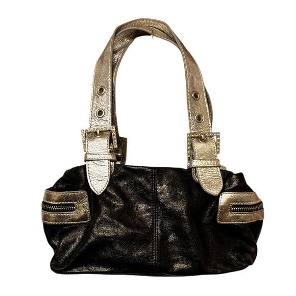 Sabina New York Y2K Black Leather Shoulder Bag Silver Trim Studded Buckle